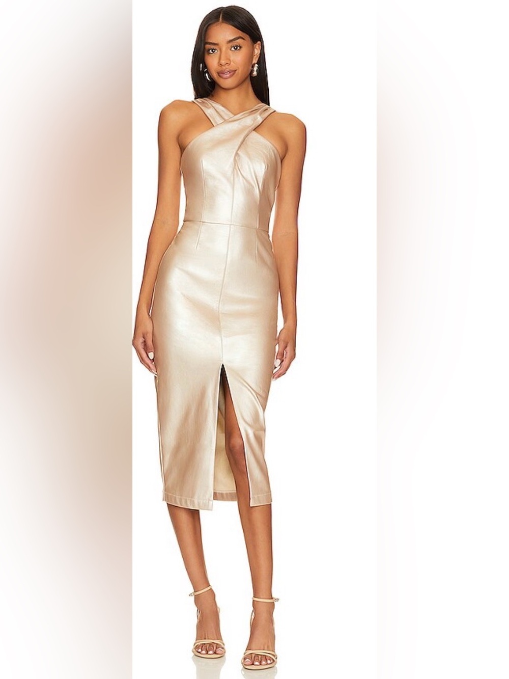 SAYLOR Vegan Leather Champagne Cross-Neck Midi Dress Size Small
